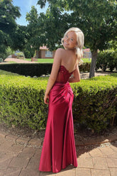 Red Strapless Senior Prom Dress Lace Appliques Long Formal Gown Mychicdress